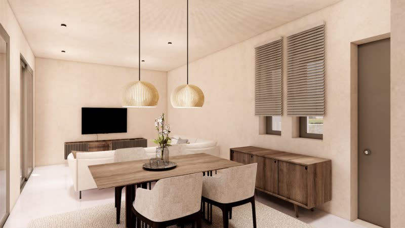 Villa K1 open-plan living and dining area