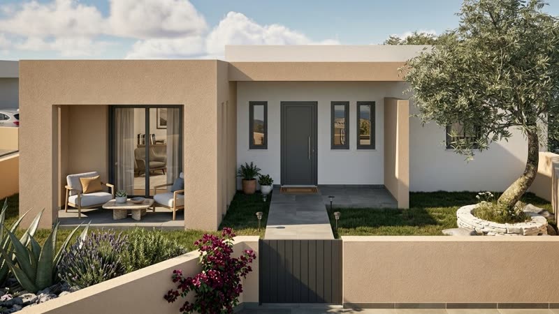 Villa K1 entrance façade with olive tree and garden